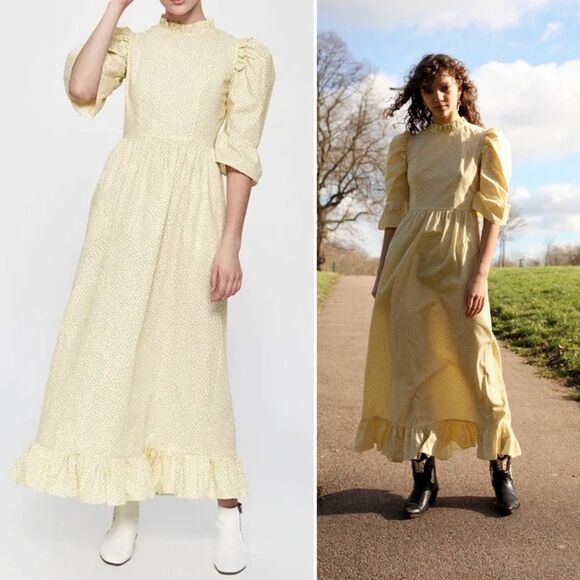 Batsheva Collarless Kate Dress Yellow Moire Maxi Ruffle Hem Lace Trim, Size 6 - Picture 12 of 12